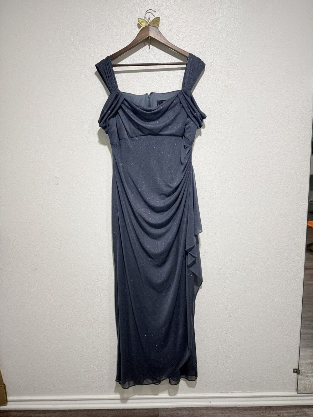 Alex Evenings Gray Glitter Draped Cowl Neck Sleeveless Long Gown Size 16 - Picture 3 of 13